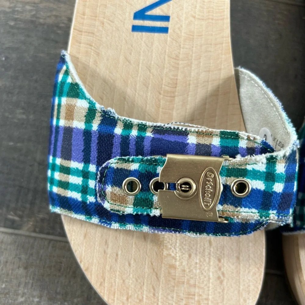 NEW Ganni x Dr Scholls Blue Plaid Pescura Heel Clogs - Picture 5 of 8